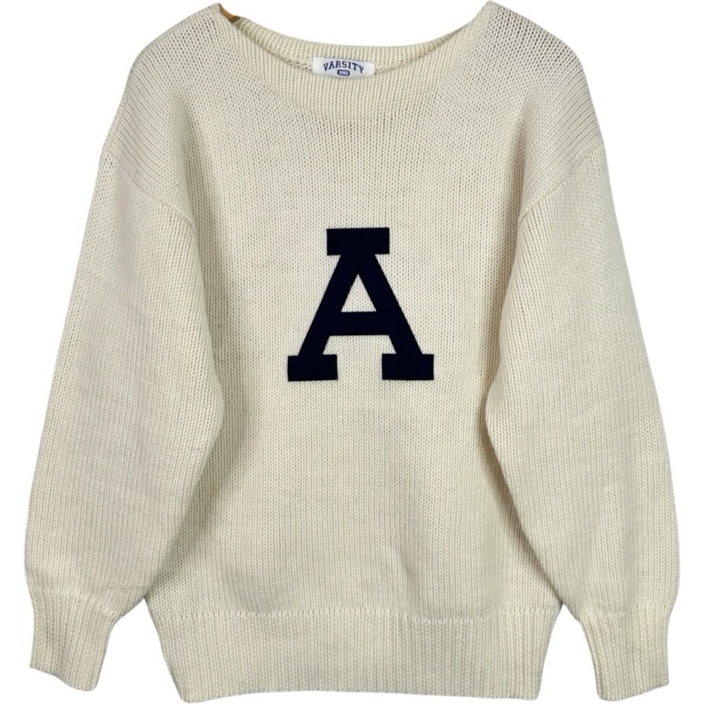 Vintage 1992 Varsity Athletic Wool Sweater L Cream Collegiate Letter A Preppy